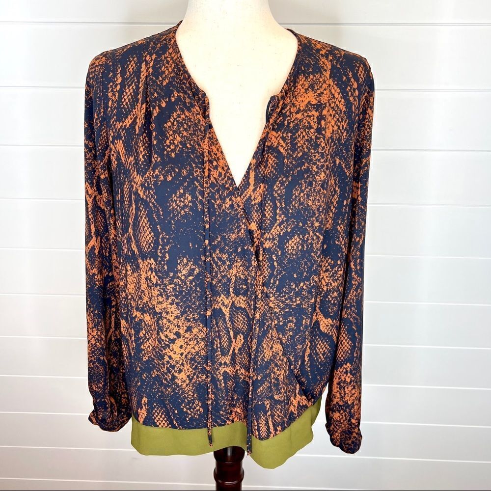 Cabi Navy Rust Snake Printborder Wrap Blouse Top … - image 7